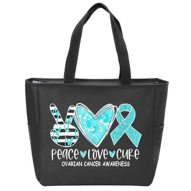 Ovarian Cancer Awareness Teal Ribbon Heart Peace Love Cure Zip Tote Bag