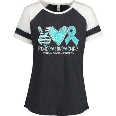 Ovarian Cancer Awareness Teal Ribbon Heart Peace Love Cure Enza Ladies Jersey Colorblock Tee