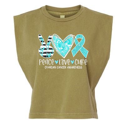 Ovarian Cancer Awareness Teal Ribbon Heart Peace Love Cure Garment-Dyed Women's Muscle Tee