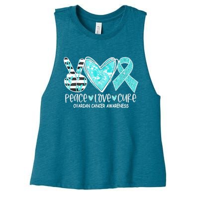 Ovarian Cancer Awareness Teal Ribbon Heart Peace Love Cure Women's Racerback Cropped Tank