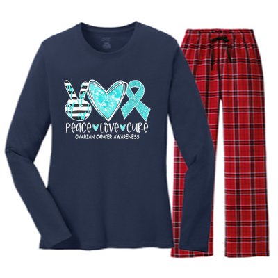 Ovarian Cancer Awareness Teal Ribbon Heart Peace Love Cure Women's Long Sleeve Flannel Pajama Set 