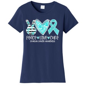 Ovarian Cancer Awareness Teal Ribbon Heart Peace Love Cure Women's T-Shirt