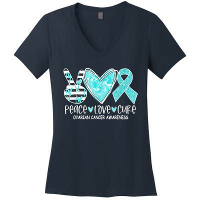 Ovarian Cancer Awareness Teal Ribbon Heart Peace Love Cure Women's V-Neck T-Shirt