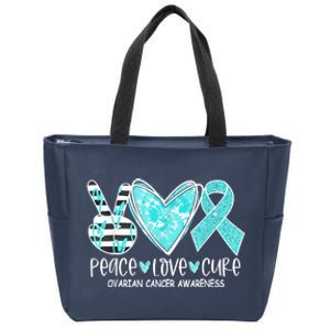 Ovarian Cancer Awareness Teal Ribbon Heart Peace Love Cure Zip Tote Bag