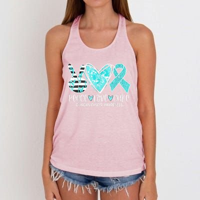 Ovarian Cancer Awareness Teal Ribbon Heart Peace Love Cure Women's Knotted Racerback Tank