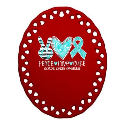 Ovarian Cancer Awareness Teal Ribbon Heart Peace Love Cure Ceramic Oval Ornament