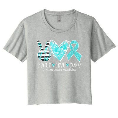 Ovarian Cancer Awareness Teal Ribbon Heart Peace Love Cure Women's Crop Top Tee