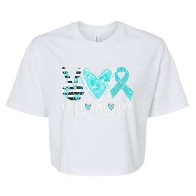 Ovarian Cancer Awareness Teal Ribbon Heart Peace Love Cure Bella+Canvas Jersey Crop Tee