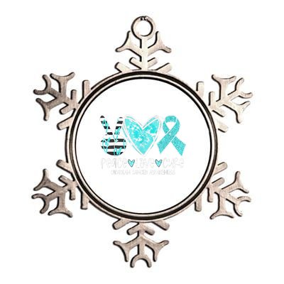 Ovarian Cancer Awareness Teal Ribbon Heart Peace Love Cure Metallic Star Ornament