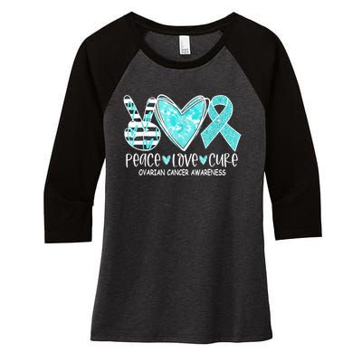 Ovarian Cancer Awareness Teal Ribbon Heart Peace Love Cure Women's Tri-Blend 3/4-Sleeve Raglan Shirt