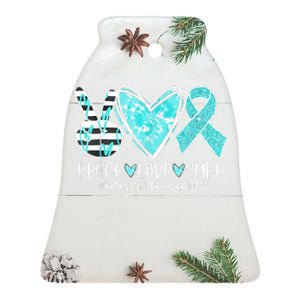 Ovarian Cancer Awareness Teal Ribbon Heart Peace Love Cure Ceramic Bell Ornament