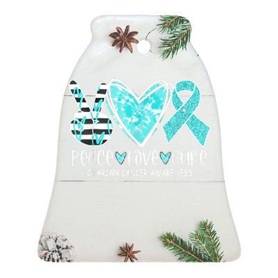 Ovarian Cancer Awareness Teal Ribbon Heart Peace Love Cure Ceramic Bell Ornament