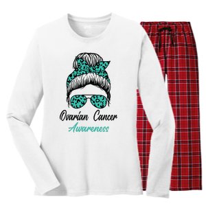 Ovarian Cancer Awareness Messy Bun Support Women Women's Long Sleeve Flannel Pajama Set 