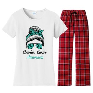 Ovarian Cancer Awareness Messy Bun Support Women Women's Flannel Pajama Set