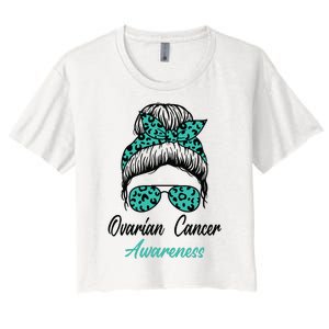 Ovarian Cancer Awareness Messy Bun Support Women Women's Crop Top Tee