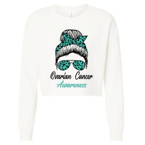 Ovarian Cancer Awareness Messy Bun Support Women Cropped Pullover Crew