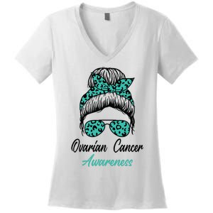 Ovarian Cancer Awareness Messy Bun Support Women Women's V-Neck T-Shirt