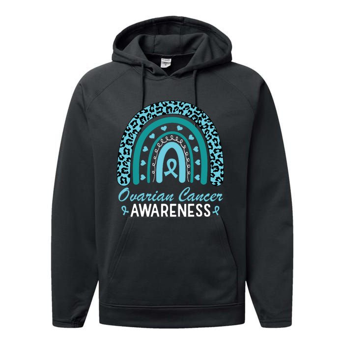 Ovarian Cancer Awareness Month Teal Rainbow Ribbon Performance Fleece Hoodie