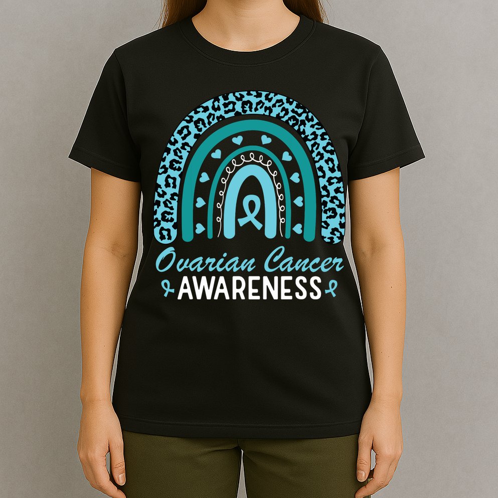 Ovarian Cancer Awareness Month Teal Rainbow Ribbon T-Shirt
