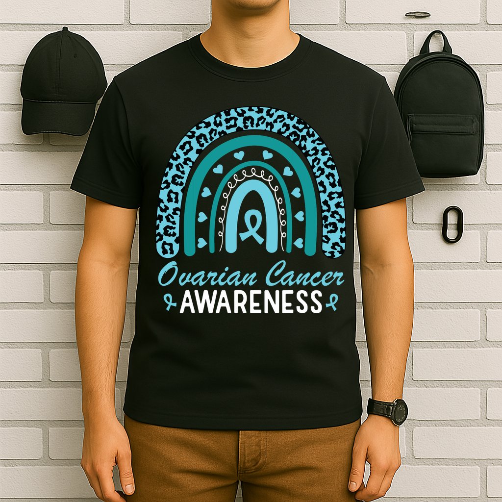 Ovarian Cancer Awareness Month Teal Rainbow Ribbon T-Shirt