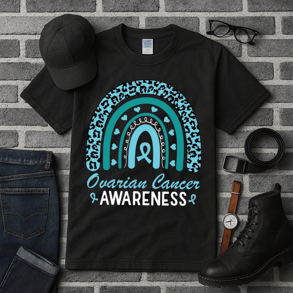 Ovarian Cancer Awareness Month Teal Rainbow Ribbon Tall T-Shirt
