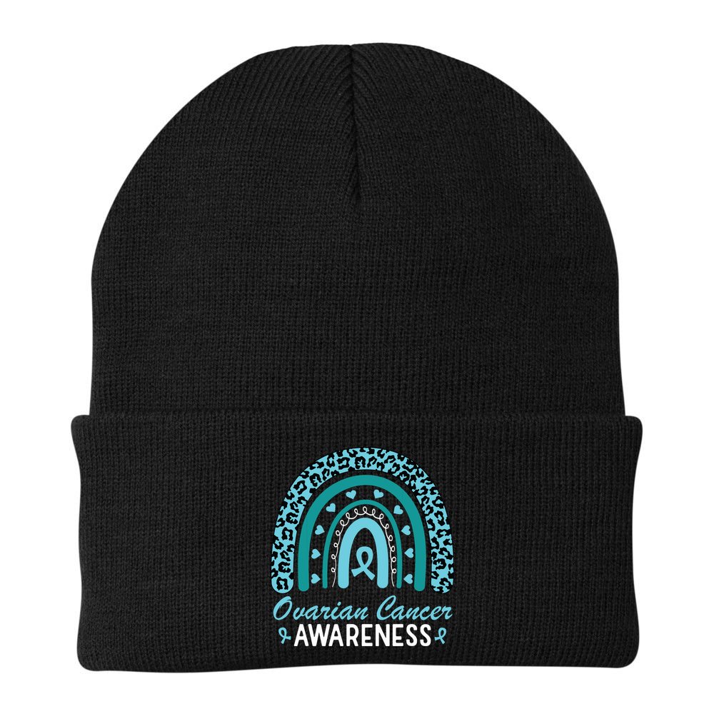 Ovarian Cancer Awareness Month Teal Rainbow Ribbon Beanie