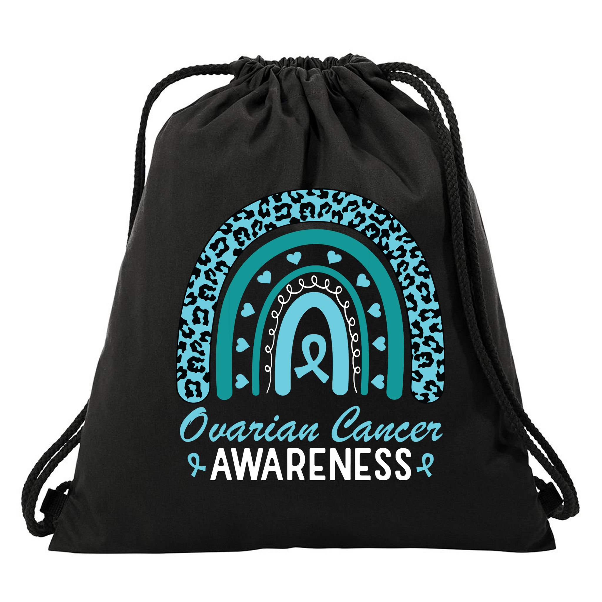 Ovarian Cancer Awareness Month Teal Rainbow Ribbon Drawstring Bag