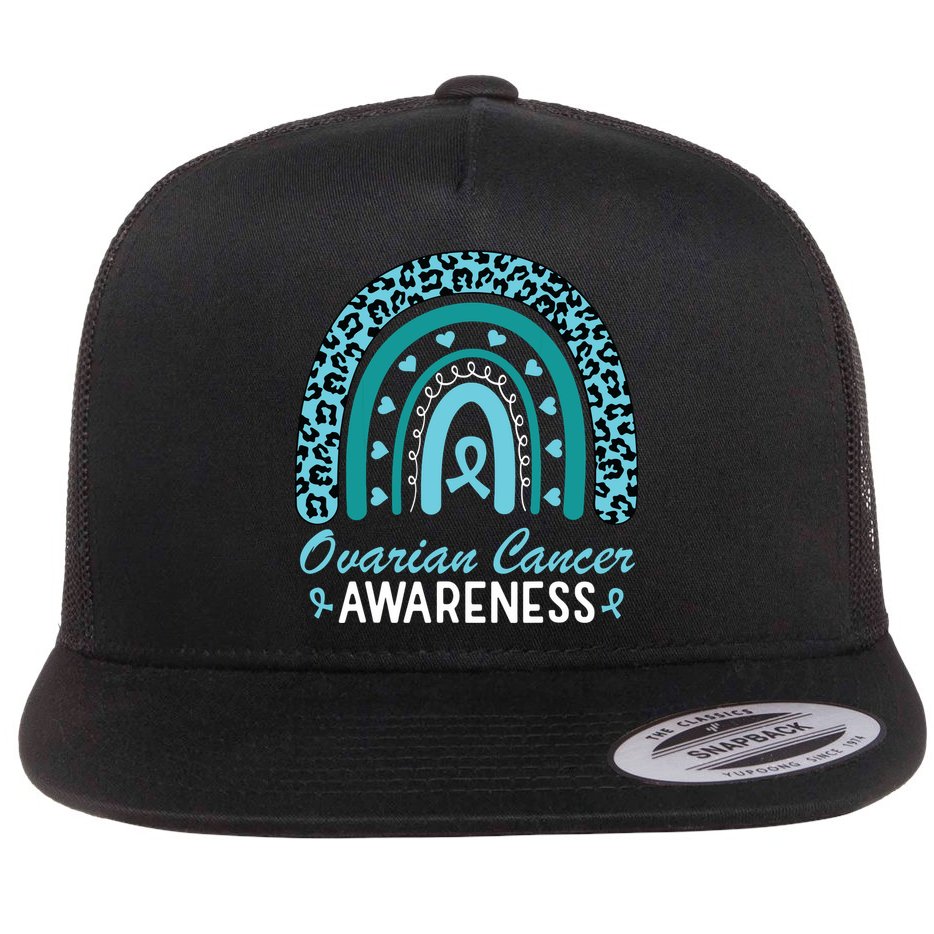Ovarian Cancer Awareness Month Teal Rainbow Ribbon Flat Bill Trucker Hat