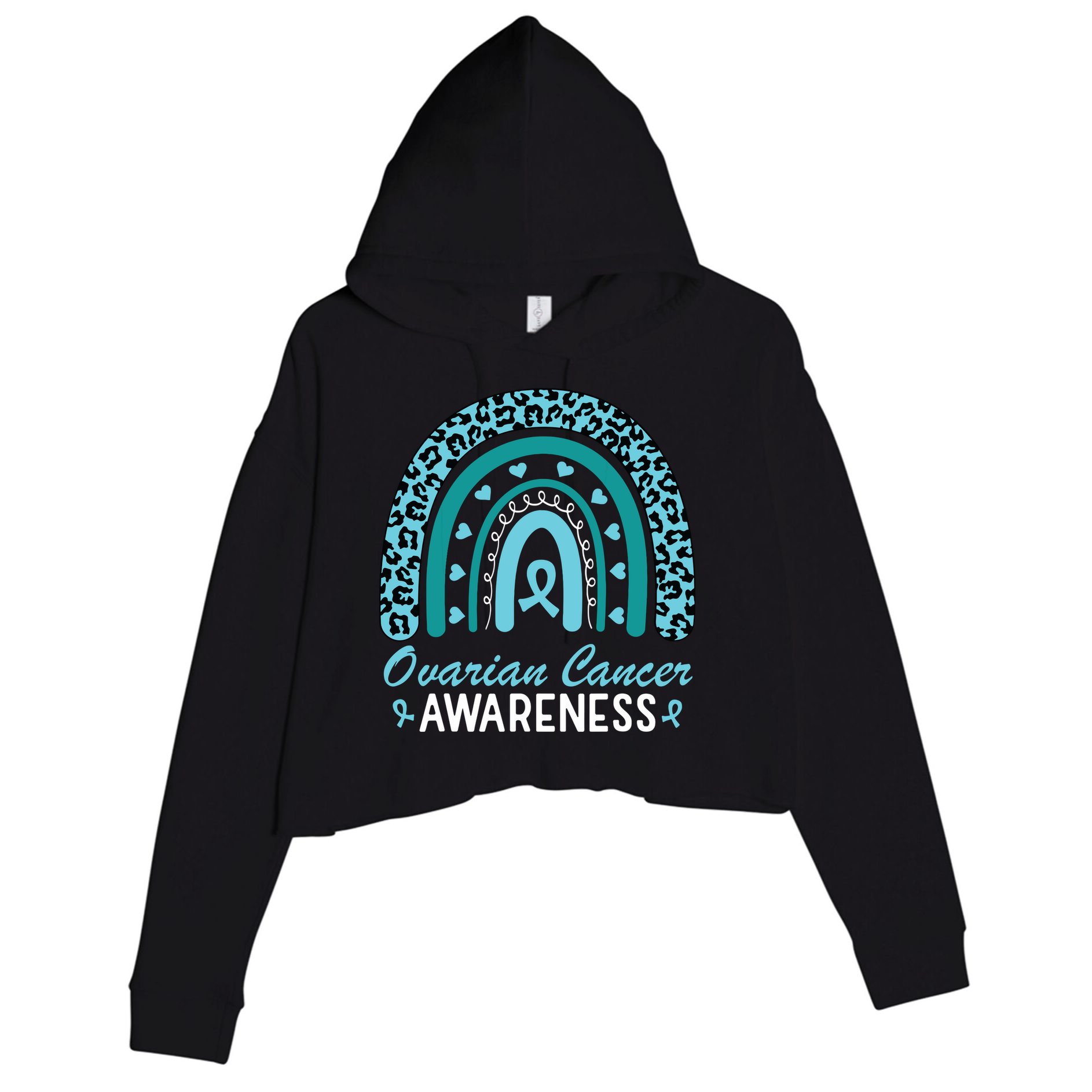 Ovarian Cancer Awareness Month Teal Rainbow Ribbon Crop Fleece Hoodie