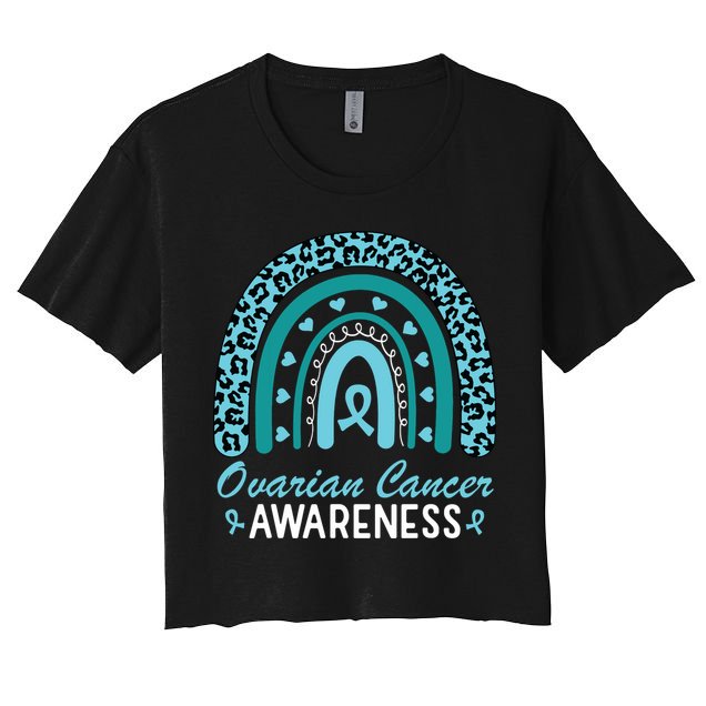 Ovarian Cancer Awareness Month Teal Rainbow Ribbon Women's Crop Top Tee