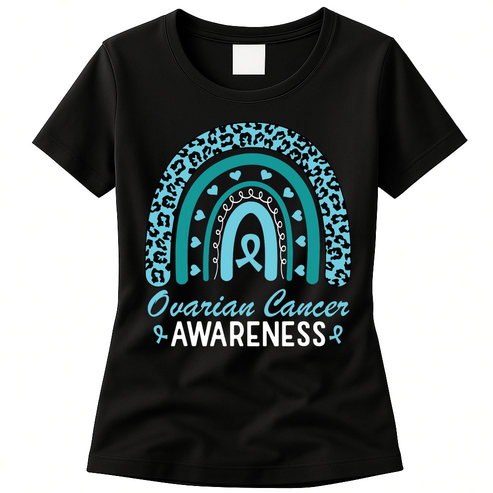Ovarian Cancer Awareness Month Teal Rainbow Ribbon Womens T-Shirt