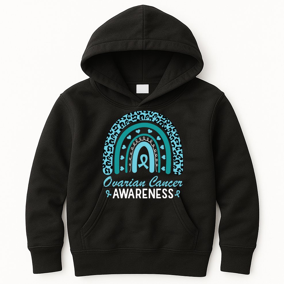Ovarian Cancer Awareness Month Teal Rainbow Ribbon Kids Hoodie