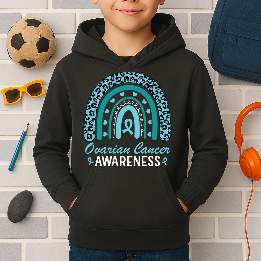 Ovarian Cancer Awareness Month Teal Rainbow Ribbon Kids Hoodie