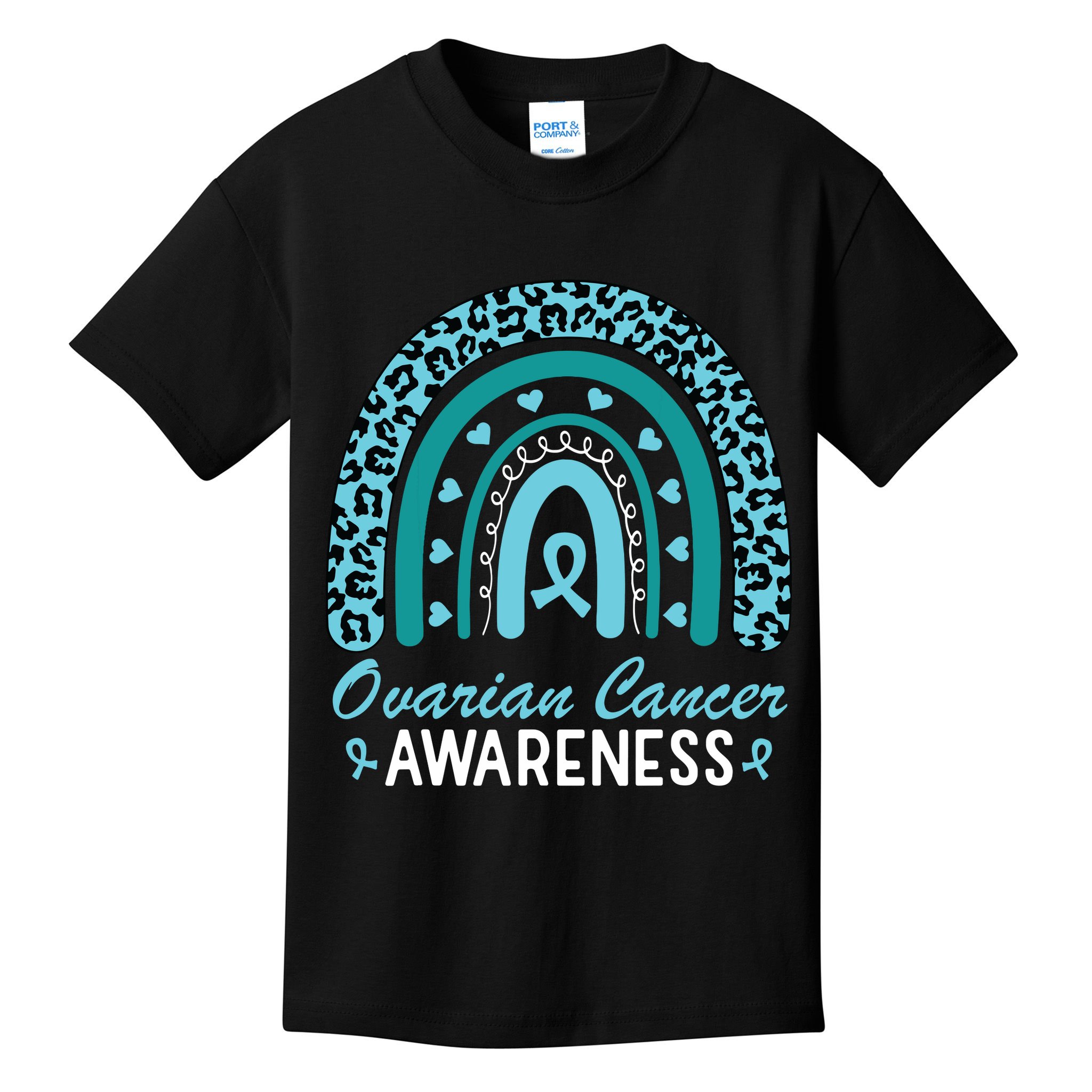 Ovarian Cancer Awareness Month Teal Rainbow Ribbon Kids T-Shirt