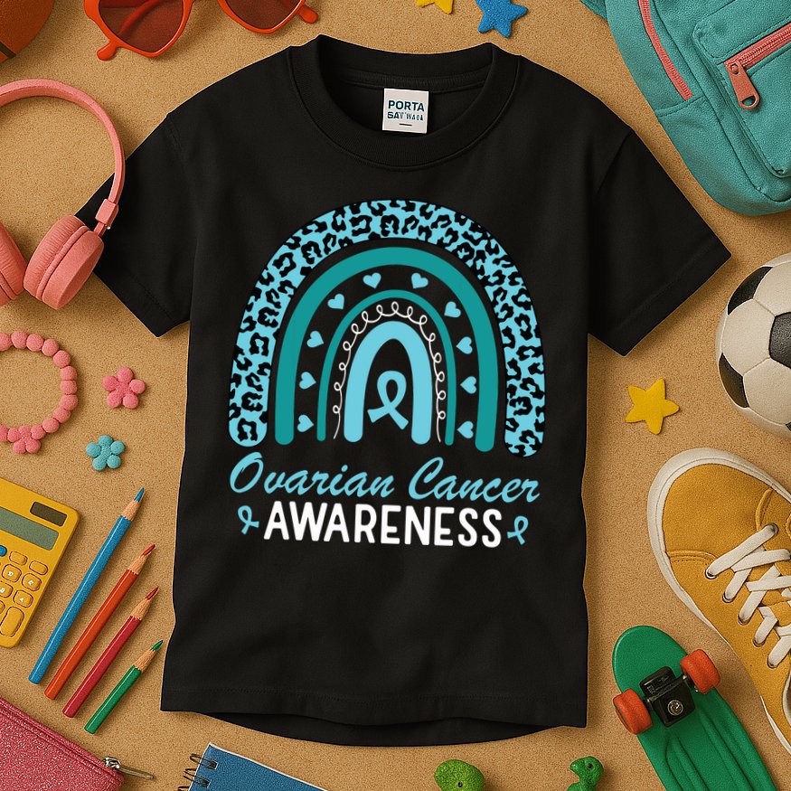Ovarian Cancer Awareness Month Teal Rainbow Ribbon Kids T-Shirt