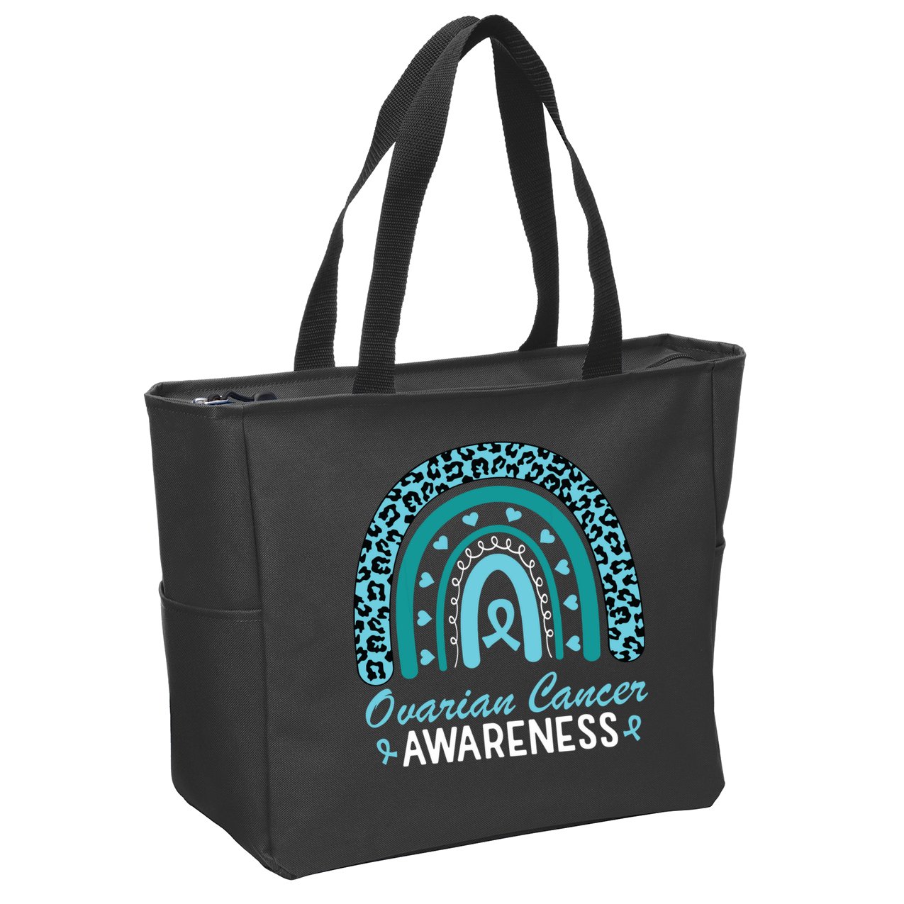 Ovarian Cancer Awareness Month Teal Rainbow Ribbon Zip Tote Bag