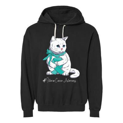 Ovarian Cancer Awareness Month Teal Ribbon Cat Garment-Dyed Fleece Hoodie