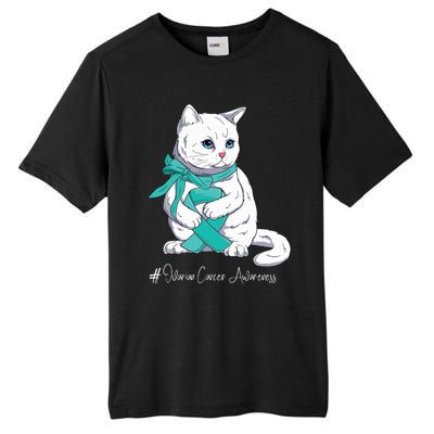 Ovarian Cancer Awareness Month Teal Ribbon Cat Tall Fusion ChromaSoft Performance T-Shirt