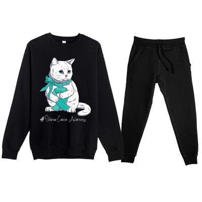 Ovarian Cancer Awareness Month Teal Ribbon Cat Premium Crewneck Sweatsuit Set