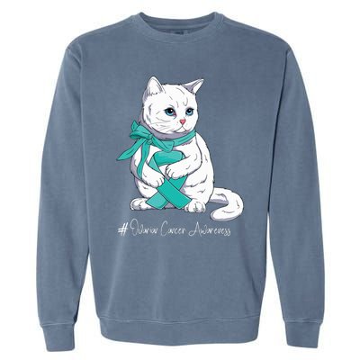 Ovarian Cancer Awareness Month Teal Ribbon Cat Garment-Dyed Sweatshirt