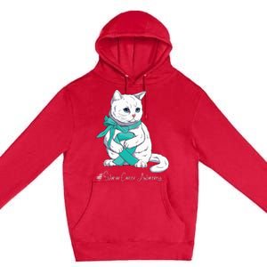 Ovarian Cancer Awareness Month Teal Ribbon Cat Premium Pullover Hoodie