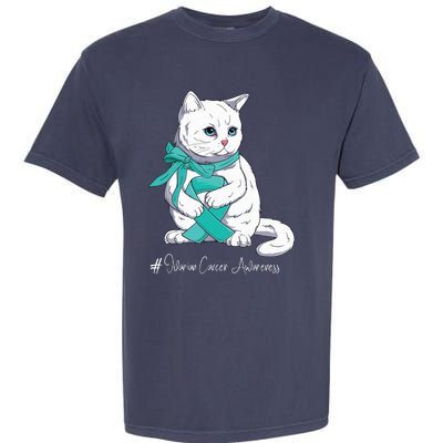 Ovarian Cancer Awareness Month Teal Ribbon Cat Garment-Dyed Heavyweight T-Shirt