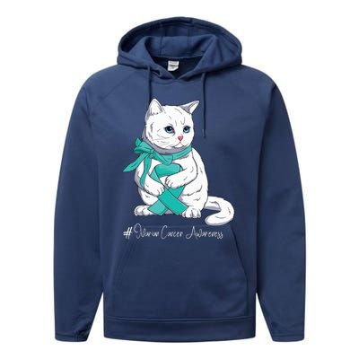 Ovarian Cancer Awareness Month Teal Ribbon Cat Performance Fleece Hoodie