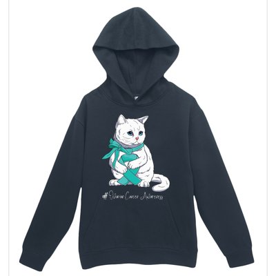 Ovarian Cancer Awareness Month Teal Ribbon Cat Urban Pullover Hoodie