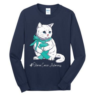 Ovarian Cancer Awareness Month Teal Ribbon Cat Tall Long Sleeve T-Shirt