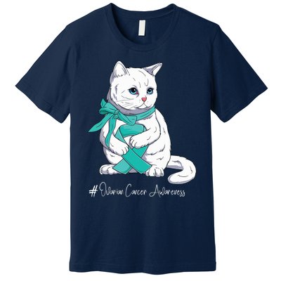 Ovarian Cancer Awareness Month Teal Ribbon Cat Premium T-Shirt