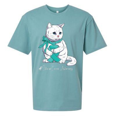 Ovarian Cancer Awareness Month Teal Ribbon Cat Sueded Cloud Jersey T-Shirt