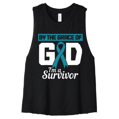 Ovarian Cancer Awareness By The Grace Of Im A Survivor Women's Racerback Cropped Tank