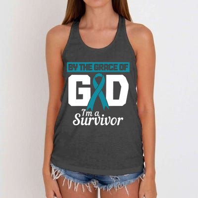 Ovarian Cancer Awareness By The Grace Of Im A Survivor Women's Knotted Racerback Tank