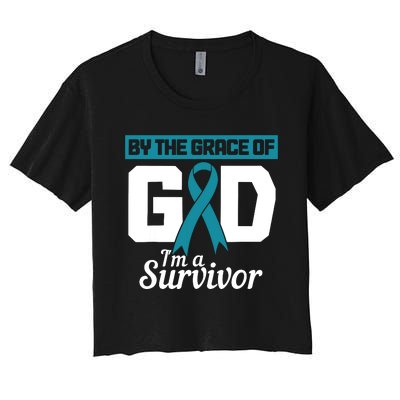 Ovarian Cancer Awareness By The Grace Of Im A Survivor Women's Crop Top Tee